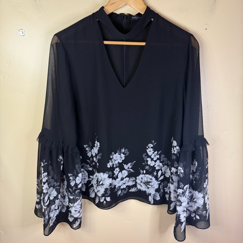 White House Black Market Size 10 Floral‎ Flowy Peasant Top Statement Arms Office